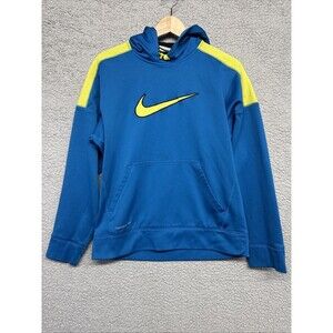 Nike Men's Small Blue Yellow pullover hoodie fleece lined sweatshirt Therma Fit